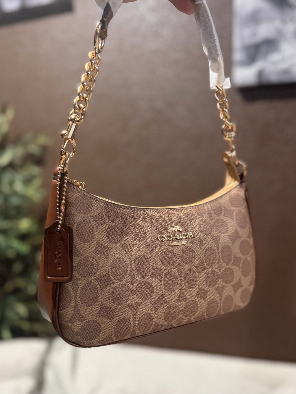 Coach Brown Signature Canvas Shoulder Bag with Gold Hardware
